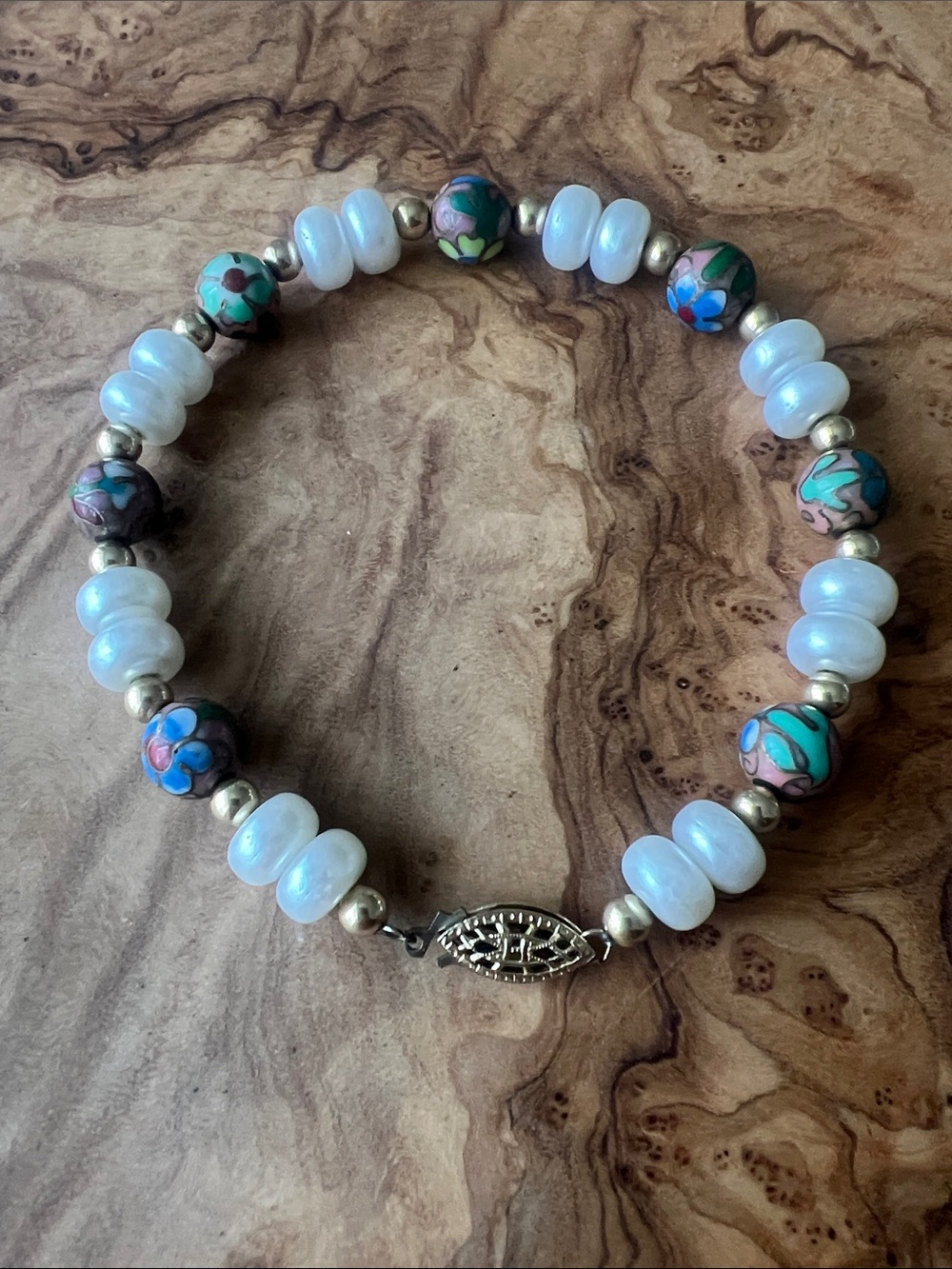 Handmade Faux Pearl & Floral Cloisonne Bead Bracelet with 14k gold filled clasp
